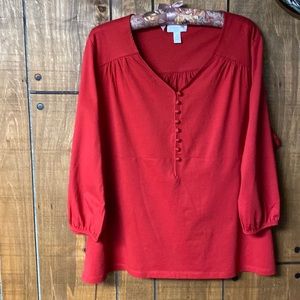 Charter club woman RED 100% PIMA cotton top w/cloth covered buttons on the front